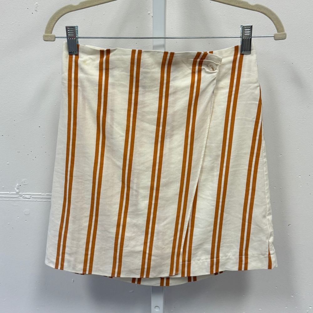 Sancia Striped Wrap Mini Skirt Ochre Cream Tencel Linen Blend XS Summer Boho